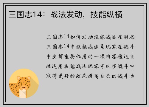 三国志14：战法发动，技能纵横